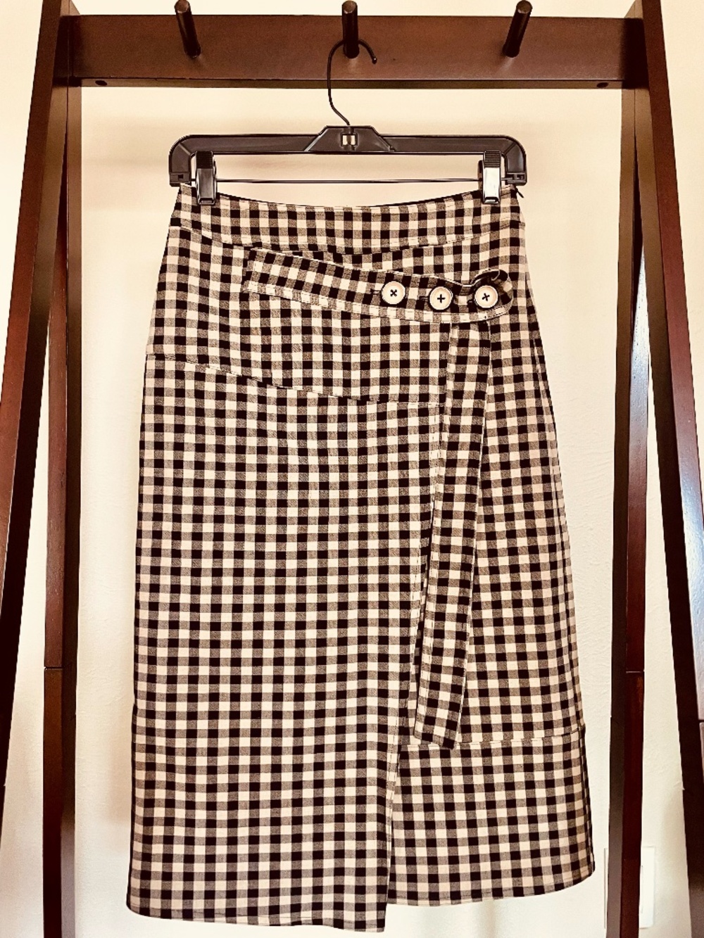 European Designer Wool Gingham Wrap Skirt | Button Detail | S